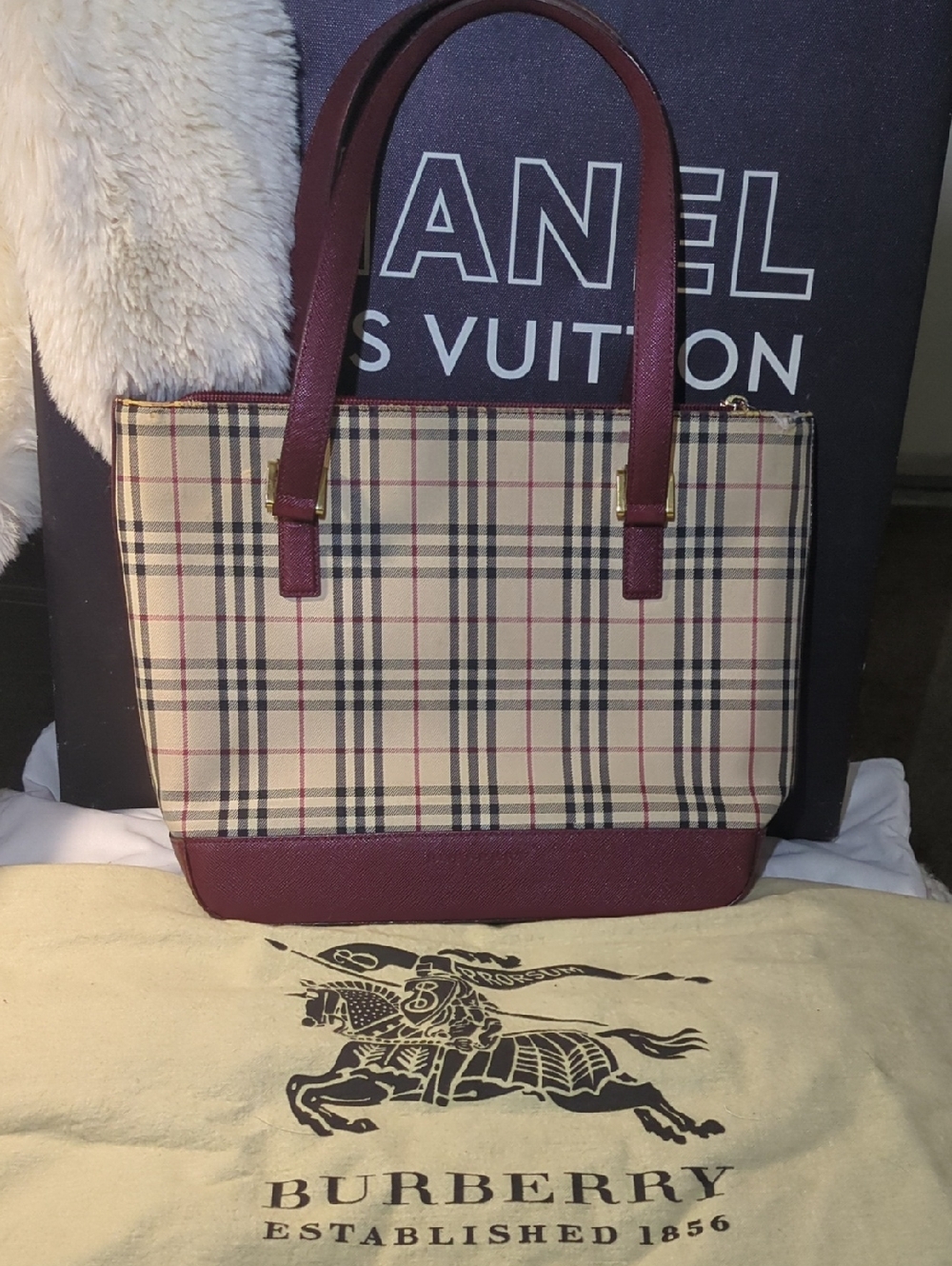Vintage Burberry Canvas Nova Chech Zip Top Tote W/Dark Red Leather Trim $400